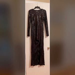 Banjul High-Low Scoop Back Black Sequin Gown
